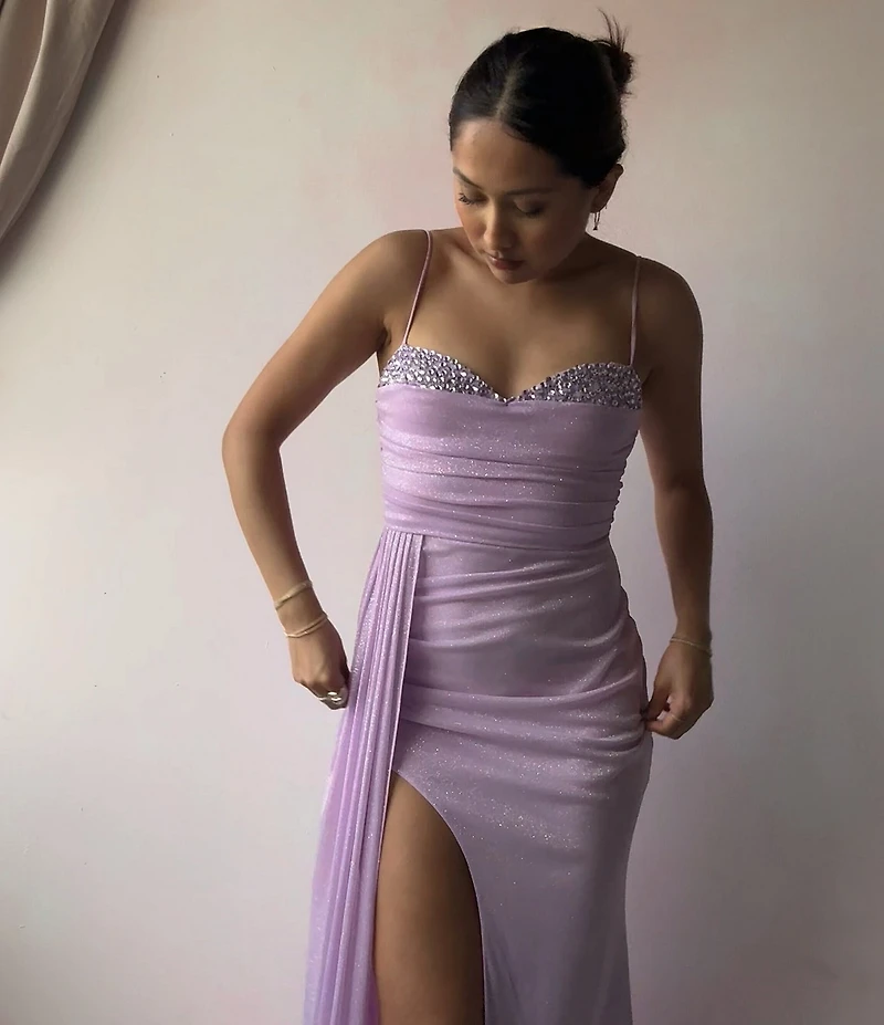 Jump Glitter Embellished Bust Sweetheart Neck Spaghetti Strap Sash Side Slit Gown