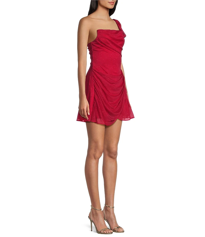 Jump Glitter Mesh One Shoulder Shirred Mini Dress