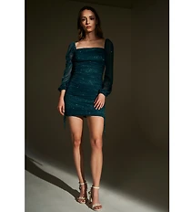Jump Glitter Square Neck Ruched Long Sleeves With Ties At Hemline Dress