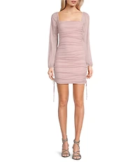 Jump Glitter Square Neck Ruched Long Sleeves With Ties At Hemline Dress