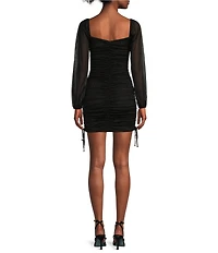 Jump Glitter Square Neck Ruched Long Sleeves With Ties At Hemline Dress