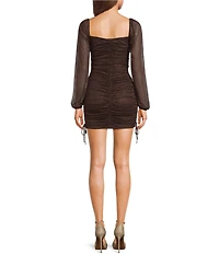 Jump Glitter Square Neck Ruched Long Sleeves With Ties At Hemline Dress