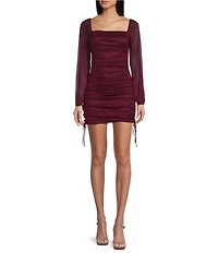 Jump Glitter Square Neck Ruched Long Sleeves With Ties At Hemline Dress