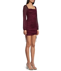Jump Glitter Square Neck Ruched Long Sleeves With Ties At Hemline Dress