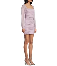 Jump Glitter Square Neck Ruched Long Sleeves With Ties At Hemline Dress