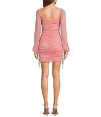 Jump Glitter Square Neck Ruched Long Sleeves With Ties At Hemline Dress