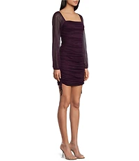 Jump Glitter Square Neck Ruched Long Sleeves With Ties At Hemline Dress
