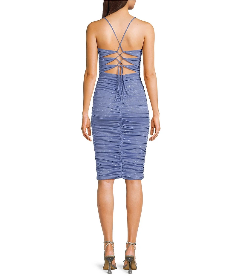 Jump Glitter Square Neck Spaghetti Strap Lace Up Back Ruched Bodycon Dress