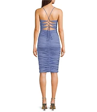 Jump Glitter Square Neck Spaghetti Strap Lace Up Back Ruched Bodycon Dress