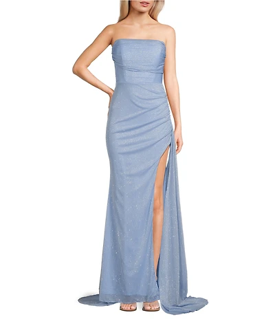 Jump Glitter Strapless Lace Up Back Side Sash Gown