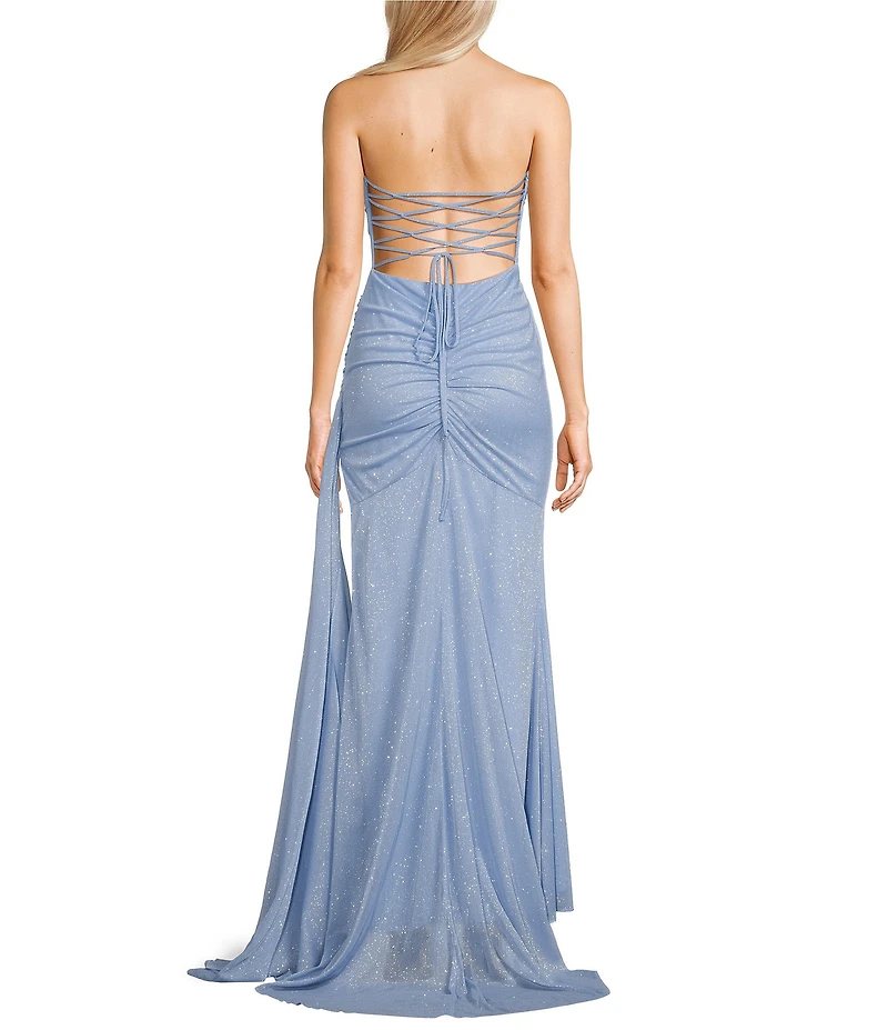 Jump Glitter Strapless Lace Up Back Side Sash Gown