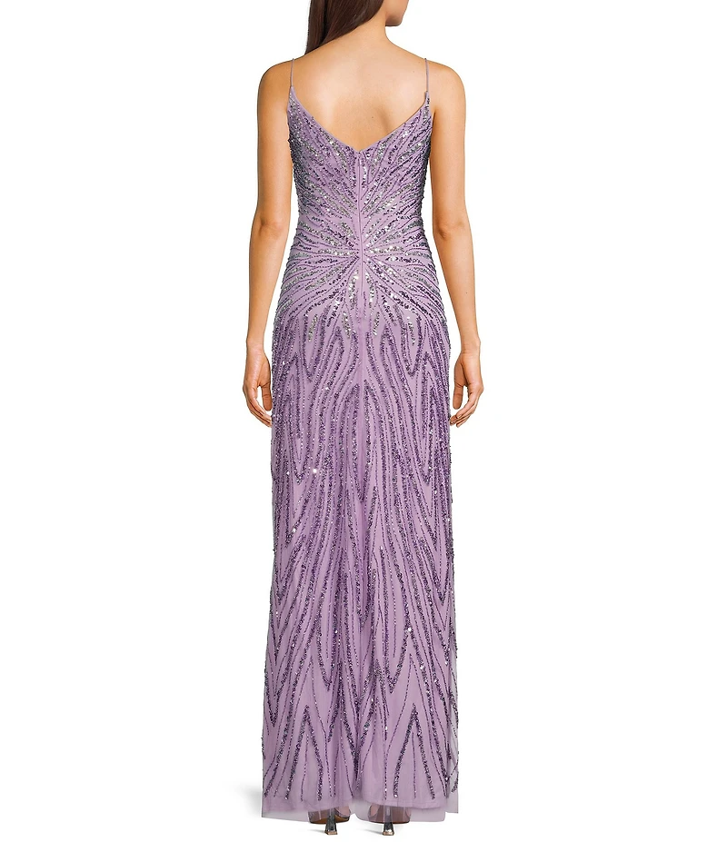 Jump Illusion Beaded Detail V-Neck Spaghetti Strap Side Slit Gown