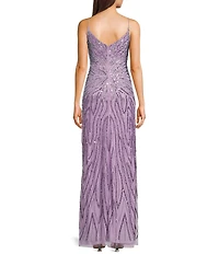 Jump Illusion Beaded Detail V-Neck Spaghetti Strap Side Slit Gown