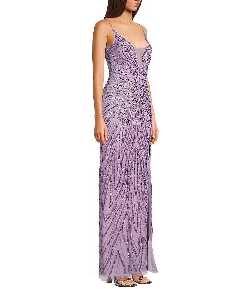 Jump Illusion Beaded Detail V-Neck Spaghetti Strap Side Slit Gown