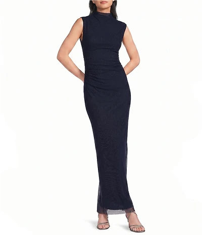 Jump Mesh Mock Neck Sleeveless Shirred Side Slit Dress