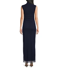 Jump Mesh Mock Neck Sleeveless Shirred Side Slit Dress