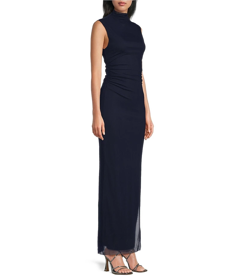 Jump Mesh Mock Neck Sleeveless Shirred Side Slit Dress