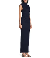 Jump Mesh Mock Neck Sleeveless Shirred Side Slit Dress