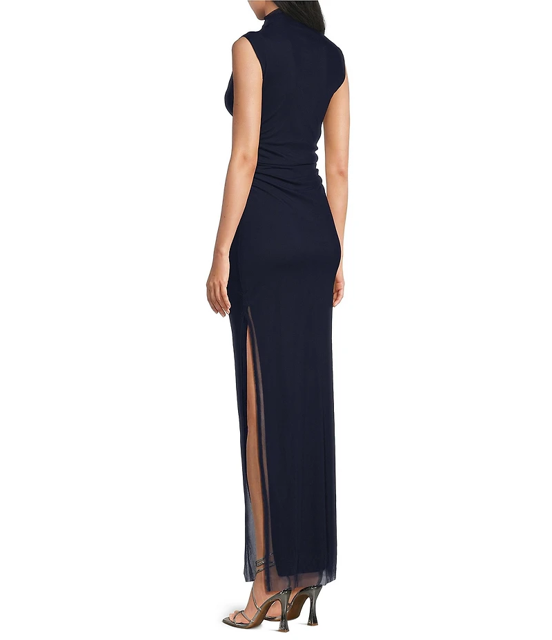 Jump Mesh Mock Neck Sleeveless Shirred Side Slit Dress