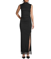 Jump Mesh Mock Neck Sleeveless Shirred Side Slit Dress