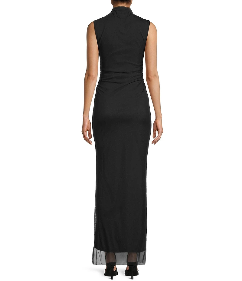 Jump Mesh Mock Neck Sleeveless Shirred Side Slit Dress
