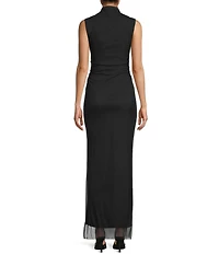 Jump Mesh Mock Neck Sleeveless Shirred Side Slit Dress