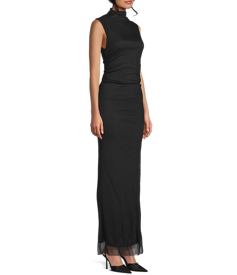 Jump Mesh Mock Neck Sleeveless Shirred Side Slit Dress