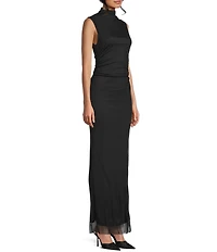 Jump Mesh Mock Neck Sleeveless Shirred Side Slit Dress