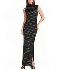 Jump Mesh Polka Dot Mock Neck Shirred Maxi Dress