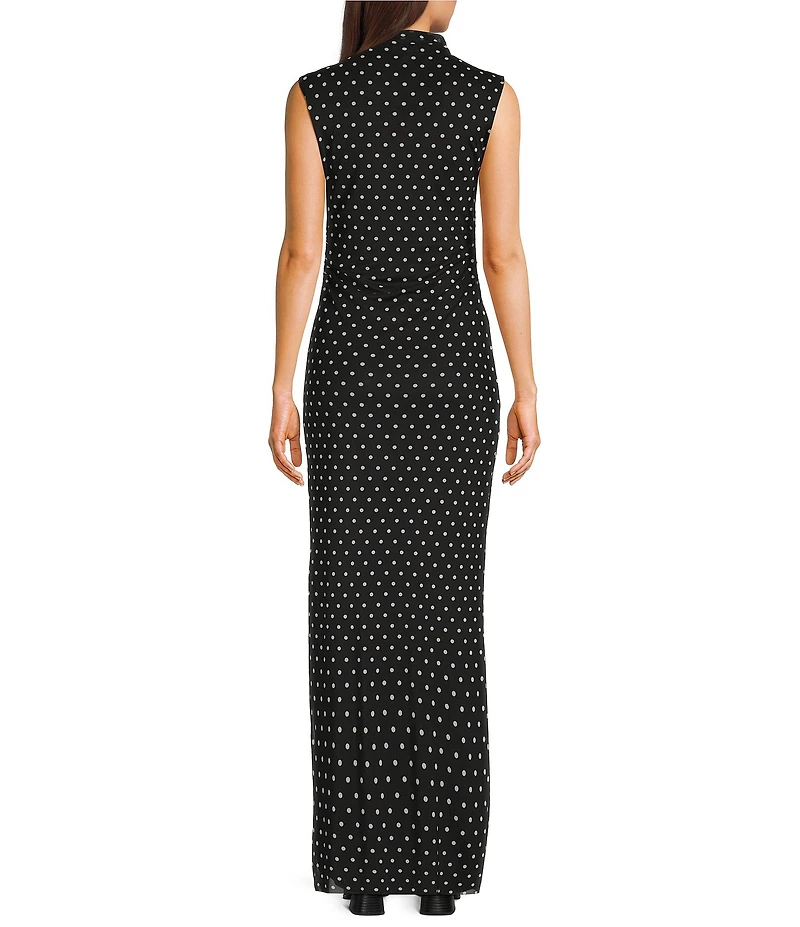 Jump Mesh Polka Dot Mock Neck Shirred Maxi Dress