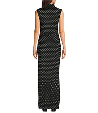 Jump Mesh Polka Dot Mock Neck Shirred Maxi Dress