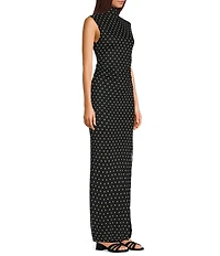 Jump Mesh Polka Dot Mock Neck Shirred Maxi Dress