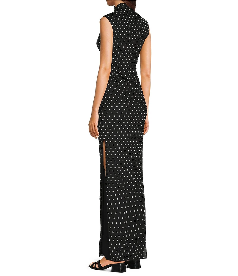 Jump Mesh Polka Dot Mock Neck Shirred Maxi Dress