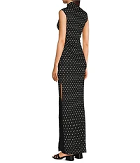 Jump Mesh Polka Dot Mock Neck Shirred Maxi Dress