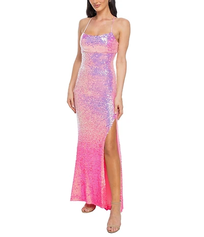 Jump Ombre Sequin Scoop Neck Lace Up Back Side Slit Slim Gown