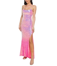 Jump Ombre Sequin Scoop Neck Lace Up Back Side Slit Slim Gown