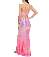 Jump Ombre Sequin Scoop Neck Lace Up Back Side Slit Slim Gown