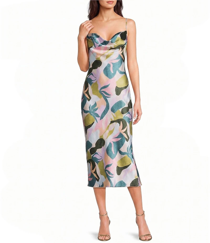 Jump Printed Satin Cowl Neck Tie Back Midi Dress