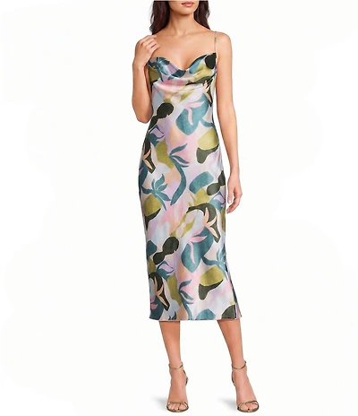 Jump Printed Satin Cowl Neck Tie Back Midi Dress