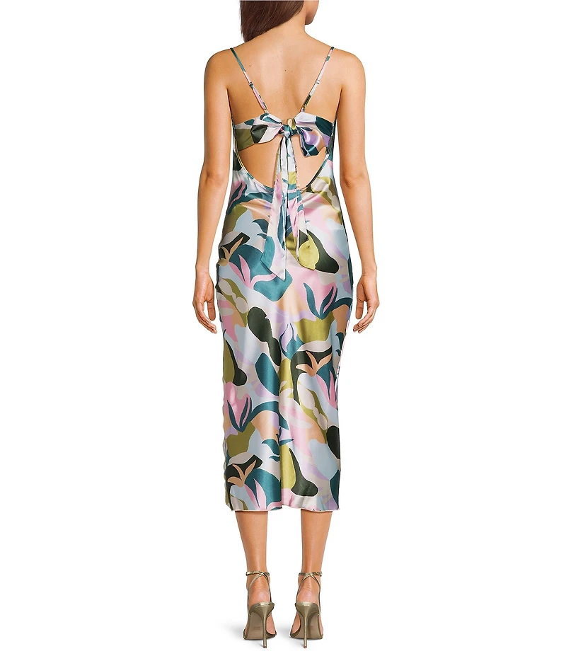 Jump Printed Satin Cowl Neck Tie Back Midi Dress