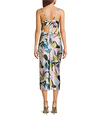 Jump Printed Satin Cowl Neck Tie Back Midi Dress