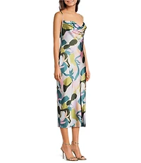 Jump Printed Satin Cowl Neck Tie Back Midi Dress