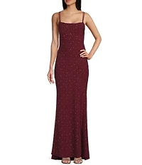 Jump Rhinestone Square Neck Spaghetti Strap Lace Up Back Gown