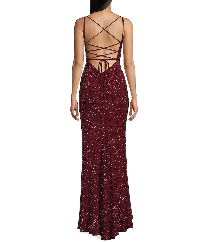 Jump Rhinestone Square Neck Spaghetti Strap Lace Up Back Gown
