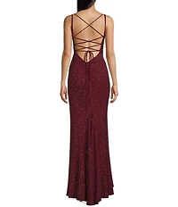 Jump Rhinestone Square Neck Spaghetti Strap Lace Up Back Gown