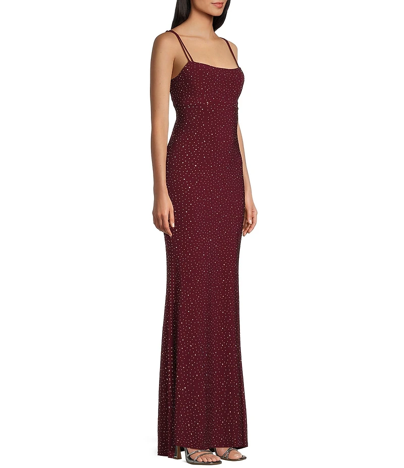 Jump Rhinestone Square Neck Spaghetti Strap Lace Up Back Gown