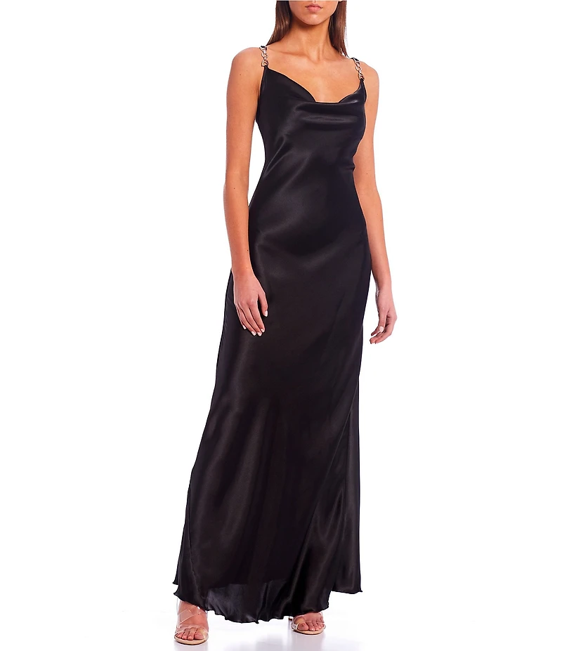 Jump Rhinestone Trim Drape Neck Long Dress