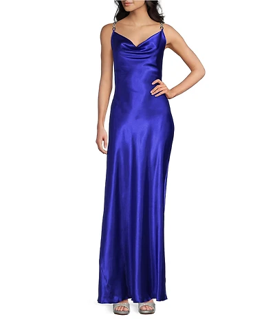 Jump Rhinestone Trim Drape Neck Long Dress