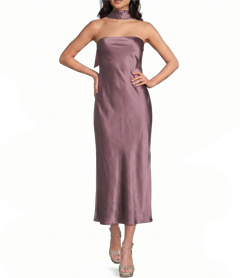 Jump Satin Strapless Scarf Midi Dress