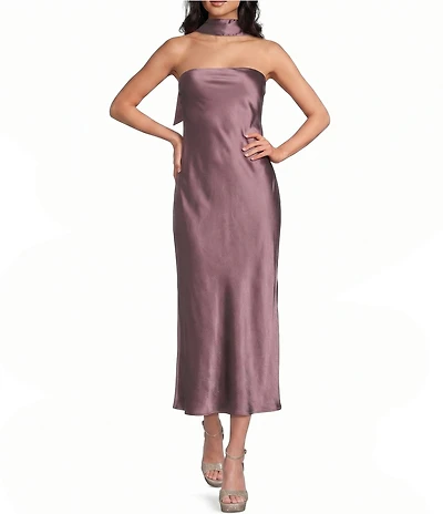 Jump Satin Strapless Scarf Midi Dress